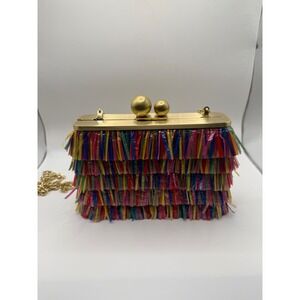 Olga berg Woven Clutch With Colorful Tassel Fringe Gold Ball Clasp Evening Bag